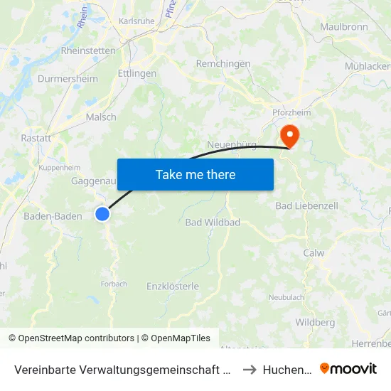 Vereinbarte Verwaltungsgemeinschaft Gernsbach to Huchenfeld map