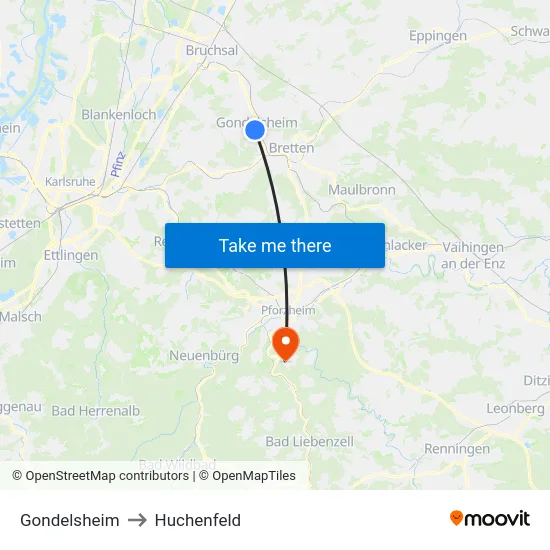 Gondelsheim to Huchenfeld map
