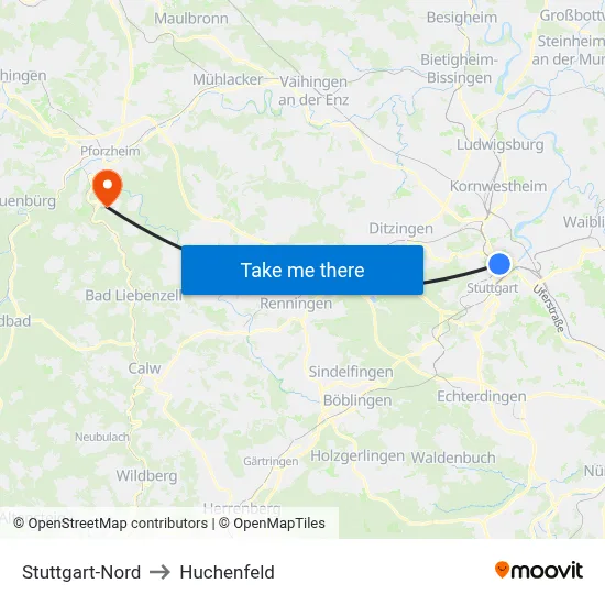 Stuttgart-Nord to Huchenfeld map