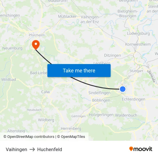 Vaihingen to Huchenfeld map