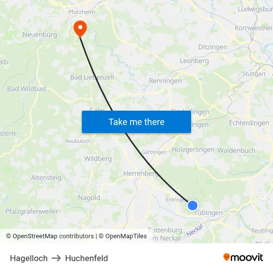 Hagelloch to Huchenfeld map