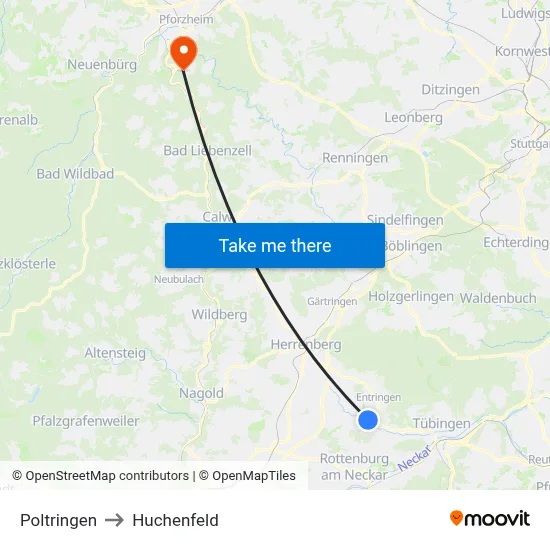 Poltringen to Huchenfeld map