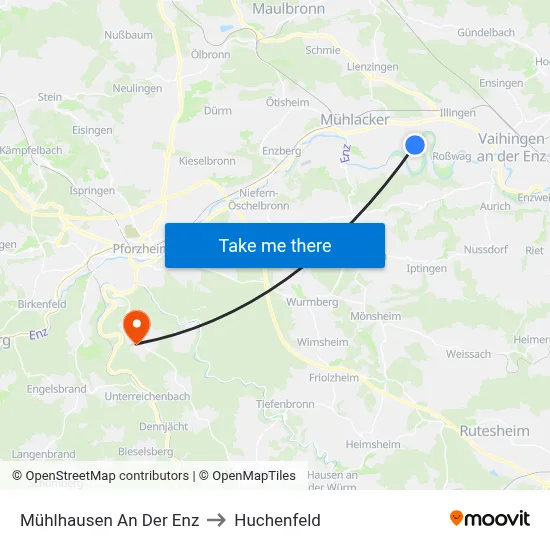 Mühlhausen An Der Enz to Huchenfeld map