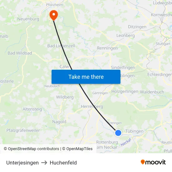 Unterjesingen to Huchenfeld map