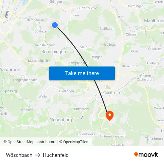 Wöschbach to Huchenfeld map