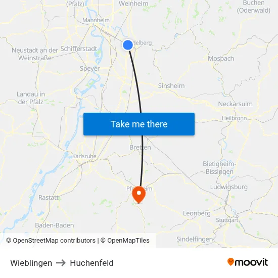 Wieblingen to Huchenfeld map