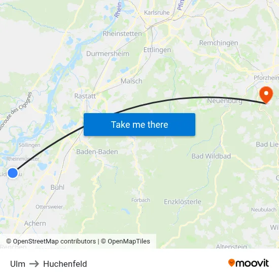 Ulm to Huchenfeld map