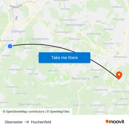 Oberweier to Huchenfeld map