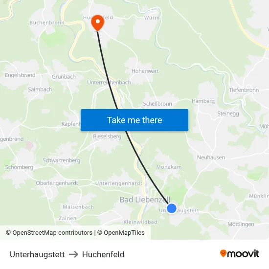 Unterhaugstett to Huchenfeld map