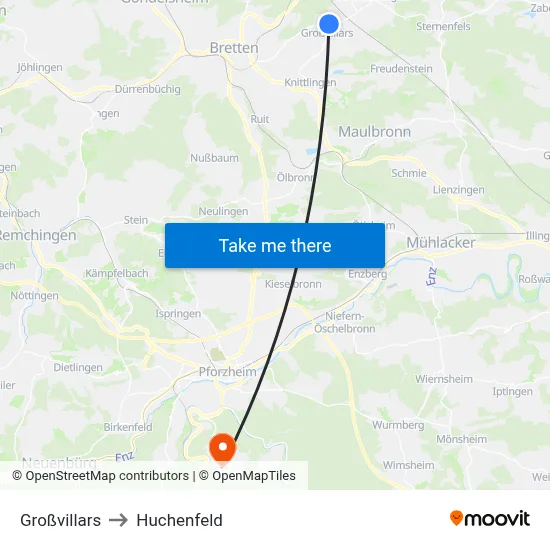 Großvillars to Huchenfeld map