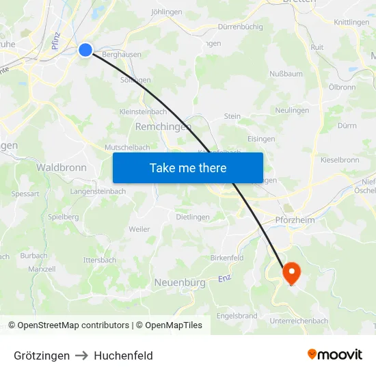 Grötzingen to Huchenfeld map