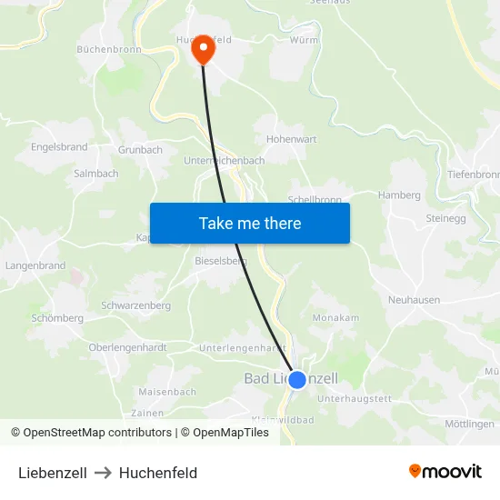 Liebenzell to Huchenfeld map