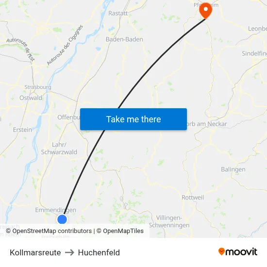Kollmarsreute to Huchenfeld map