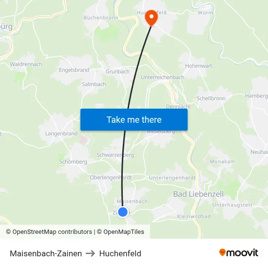 Maisenbach-Zainen to Huchenfeld map