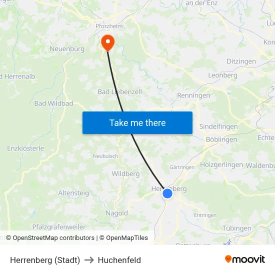 Herrenberg (Stadt) to Huchenfeld map