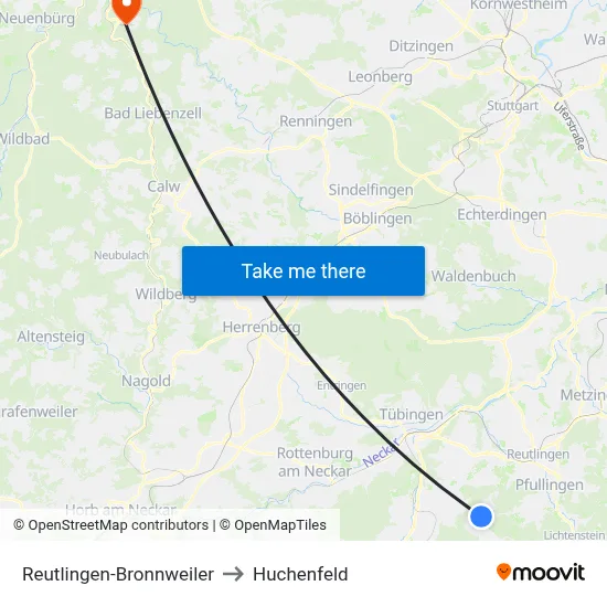 Reutlingen-Bronnweiler to Huchenfeld map