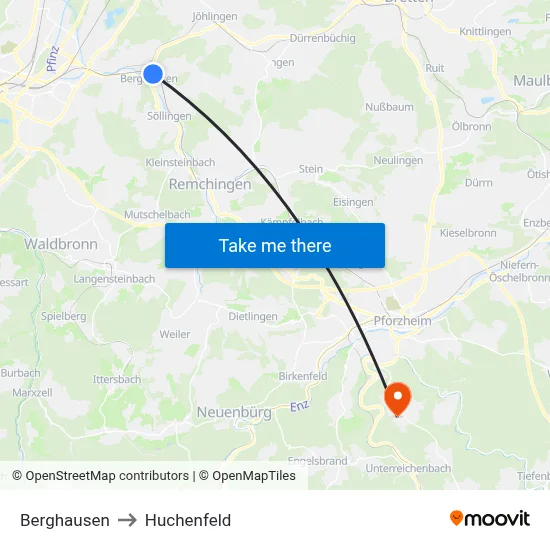 Berghausen to Huchenfeld map