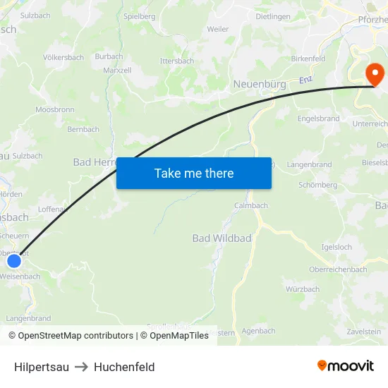 Hilpertsau to Huchenfeld map