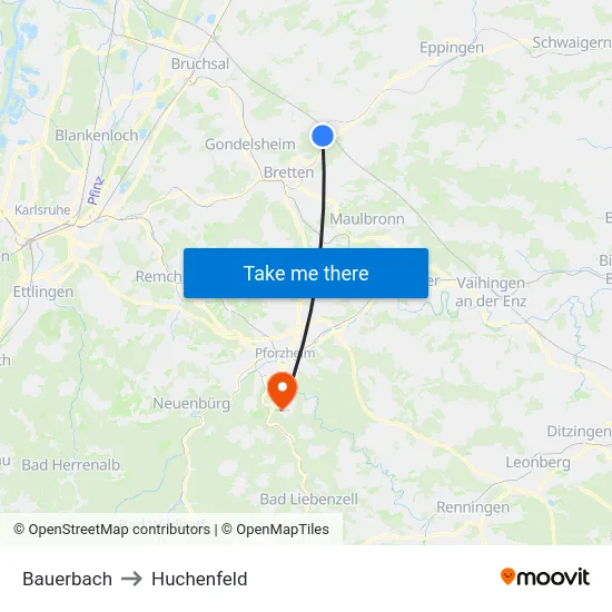 Bauerbach to Huchenfeld map