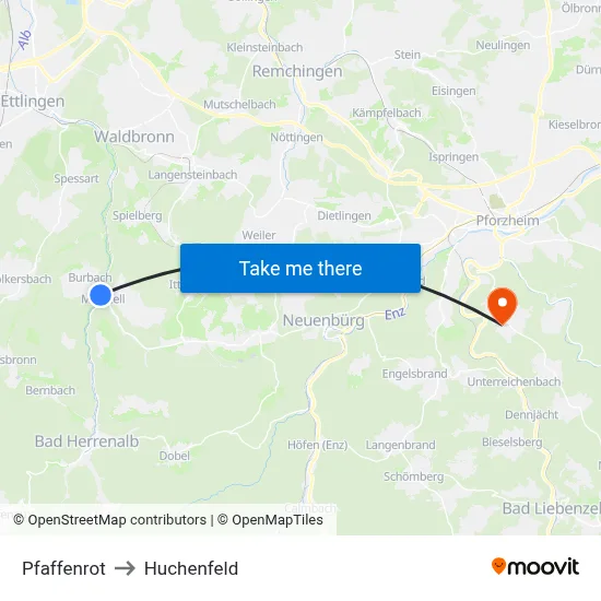 Pfaffenrot to Huchenfeld map