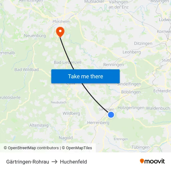 Gärtringen-Rohrau to Huchenfeld map