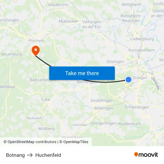 Botnang to Huchenfeld map