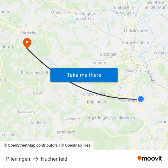 Plieningen to Huchenfeld map