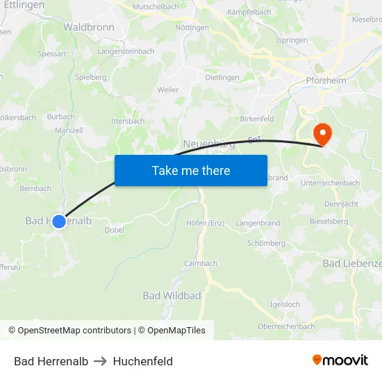 Bad Herrenalb to Huchenfeld map