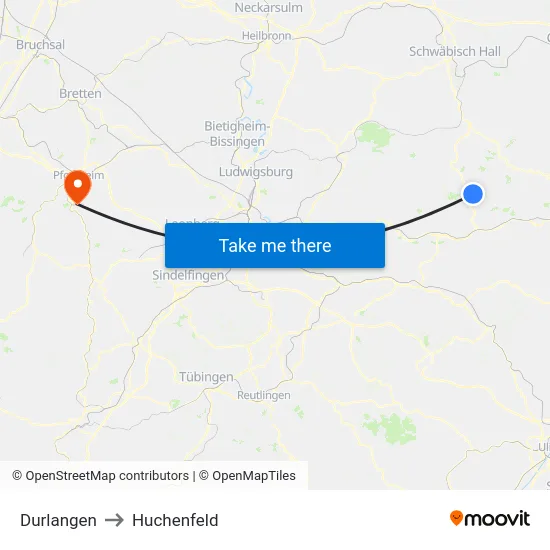 Durlangen to Huchenfeld map