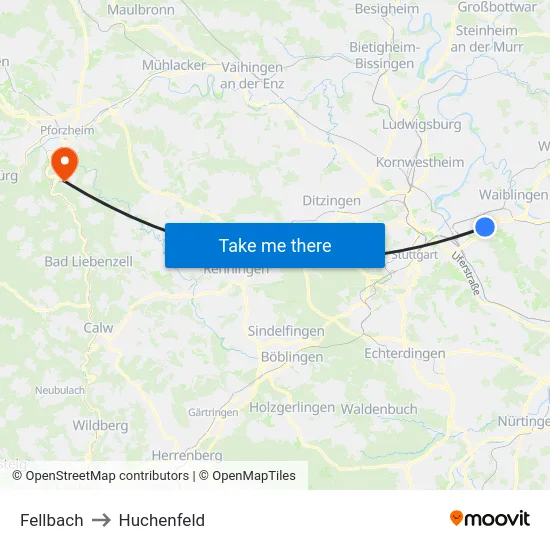 Fellbach to Huchenfeld map