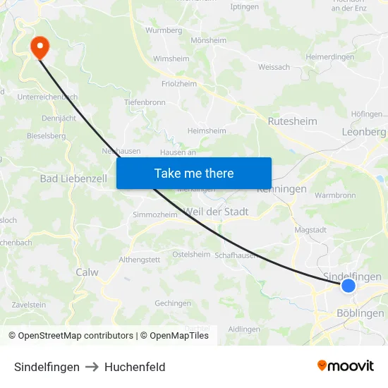 Sindelfingen to Huchenfeld map