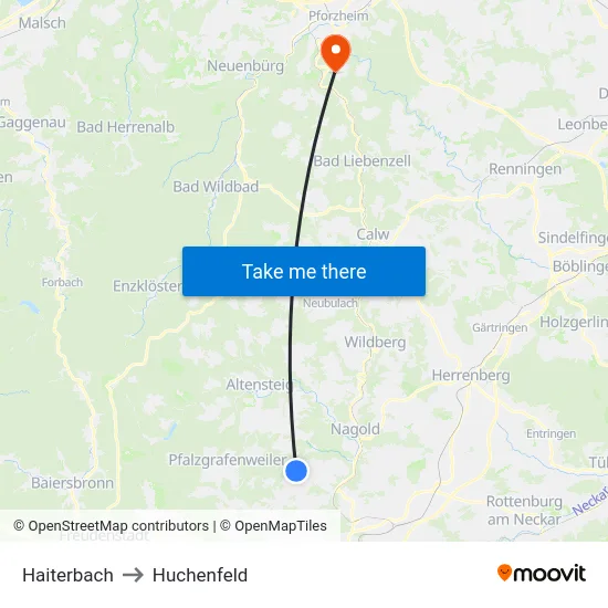 Haiterbach to Huchenfeld map