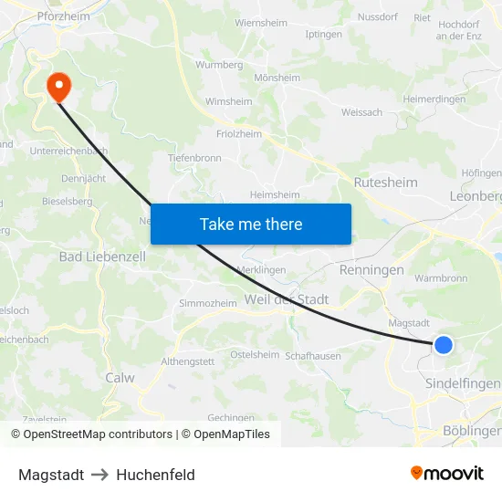 Magstadt to Huchenfeld map
