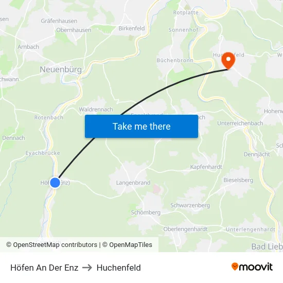 Höfen An Der Enz to Huchenfeld map