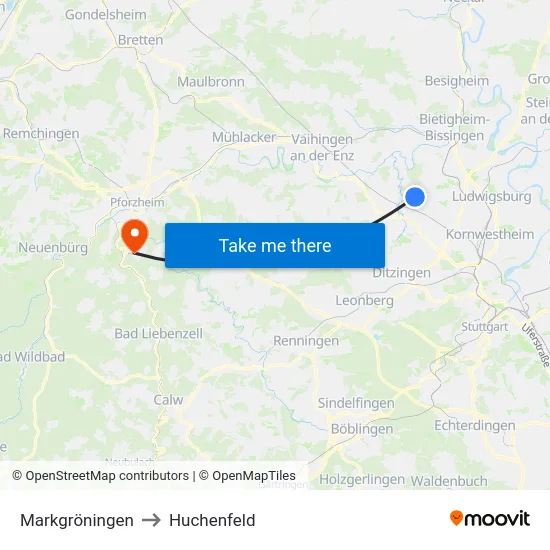Markgröningen to Huchenfeld map