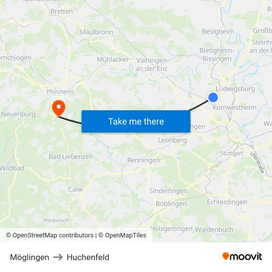 Möglingen to Huchenfeld map
