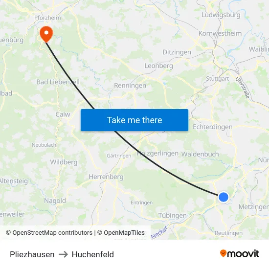 Pliezhausen to Huchenfeld map