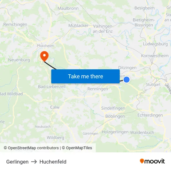 Gerlingen to Huchenfeld map