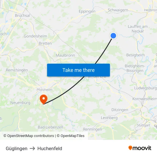 Güglingen to Huchenfeld map