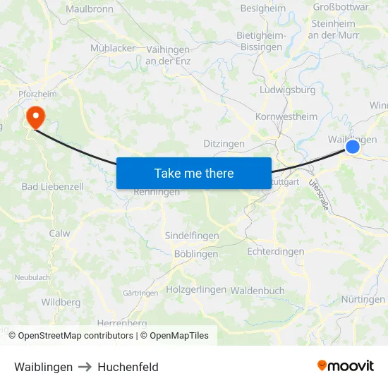 Waiblingen to Huchenfeld map