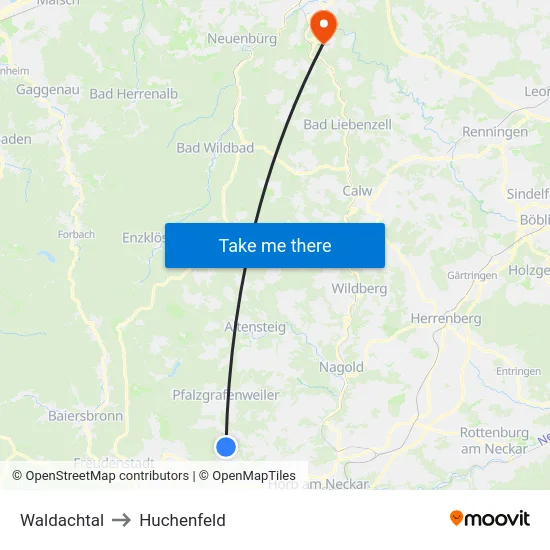 Waldachtal to Huchenfeld map