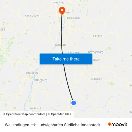 Wellendingen to Ludwigshafen-Südliche-Innenstadt map
