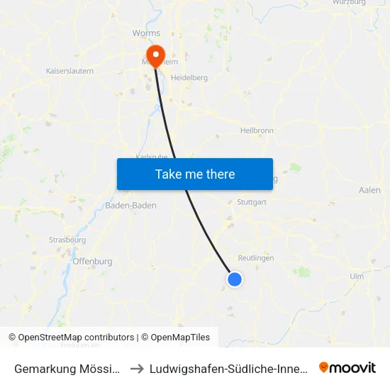 Gemarkung Mössingen to Ludwigshafen-Südliche-Innenstadt map