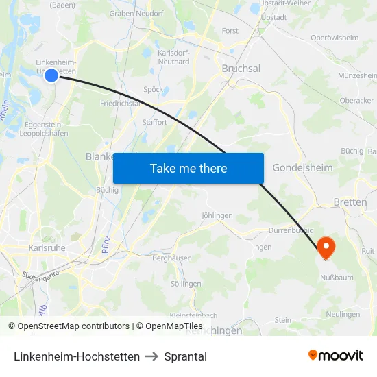 Linkenheim-Hochstetten to Sprantal map