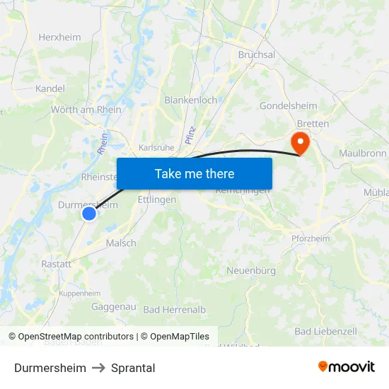 Durmersheim to Sprantal map