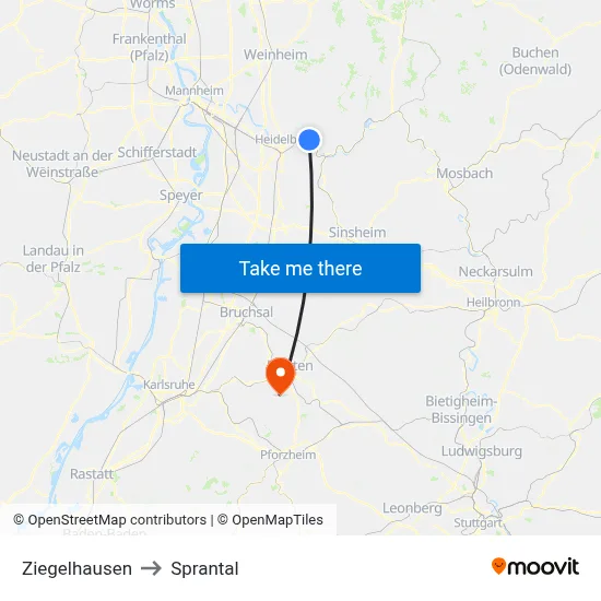 Ziegelhausen to Sprantal map