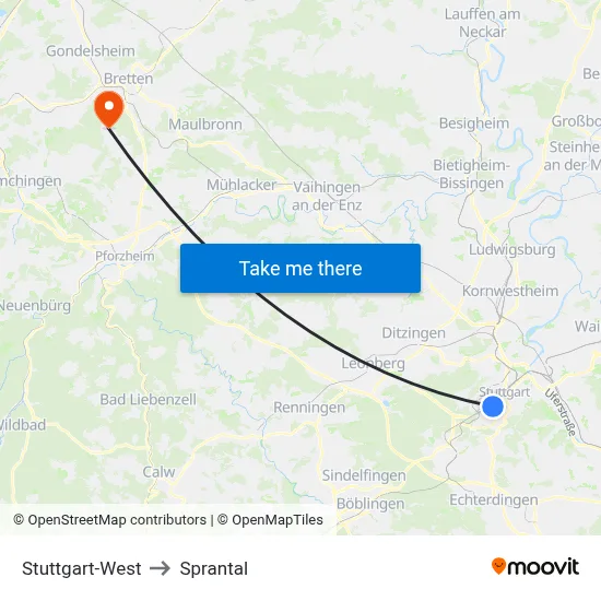 Stuttgart-West to Sprantal map