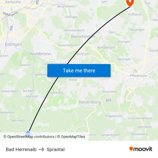 Bad Herrenalb to Sprantal map