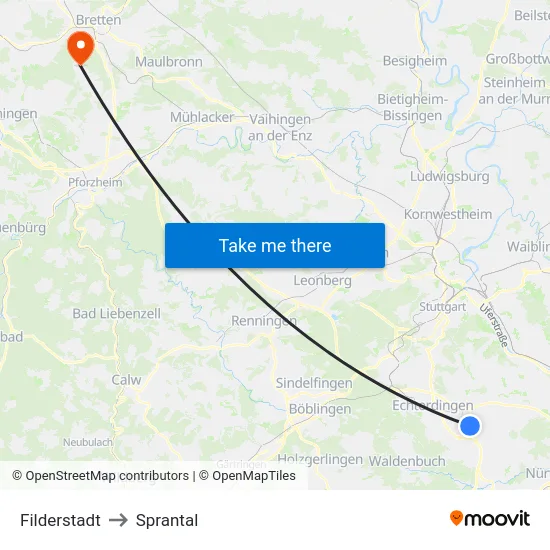 Filderstadt to Sprantal map