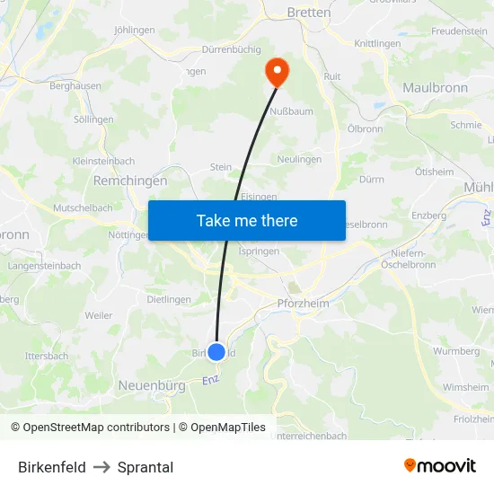 Birkenfeld to Sprantal map